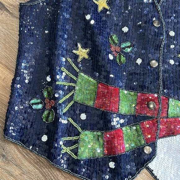 The Quacker Factory sequin snowman Christmas vest Large Navy - Picture 3 of 11